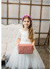 Elbow Sleeves Beaded Ivory Lace Tulle Flower Girl Dress
